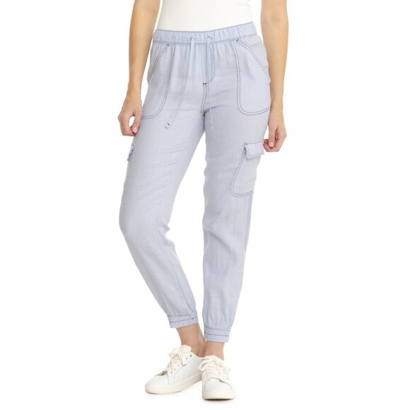 NEW Nicole Miller NY Cargo Pocket Joggers IN Cashmere BLUE 100% Linen  254 2S1 - Picture 1 of 5